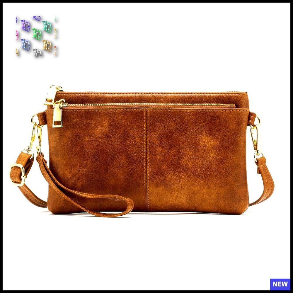 Triple Zip Vegan Leather Crossbody Clutch Wristlet Lightweight Elegant Minimal